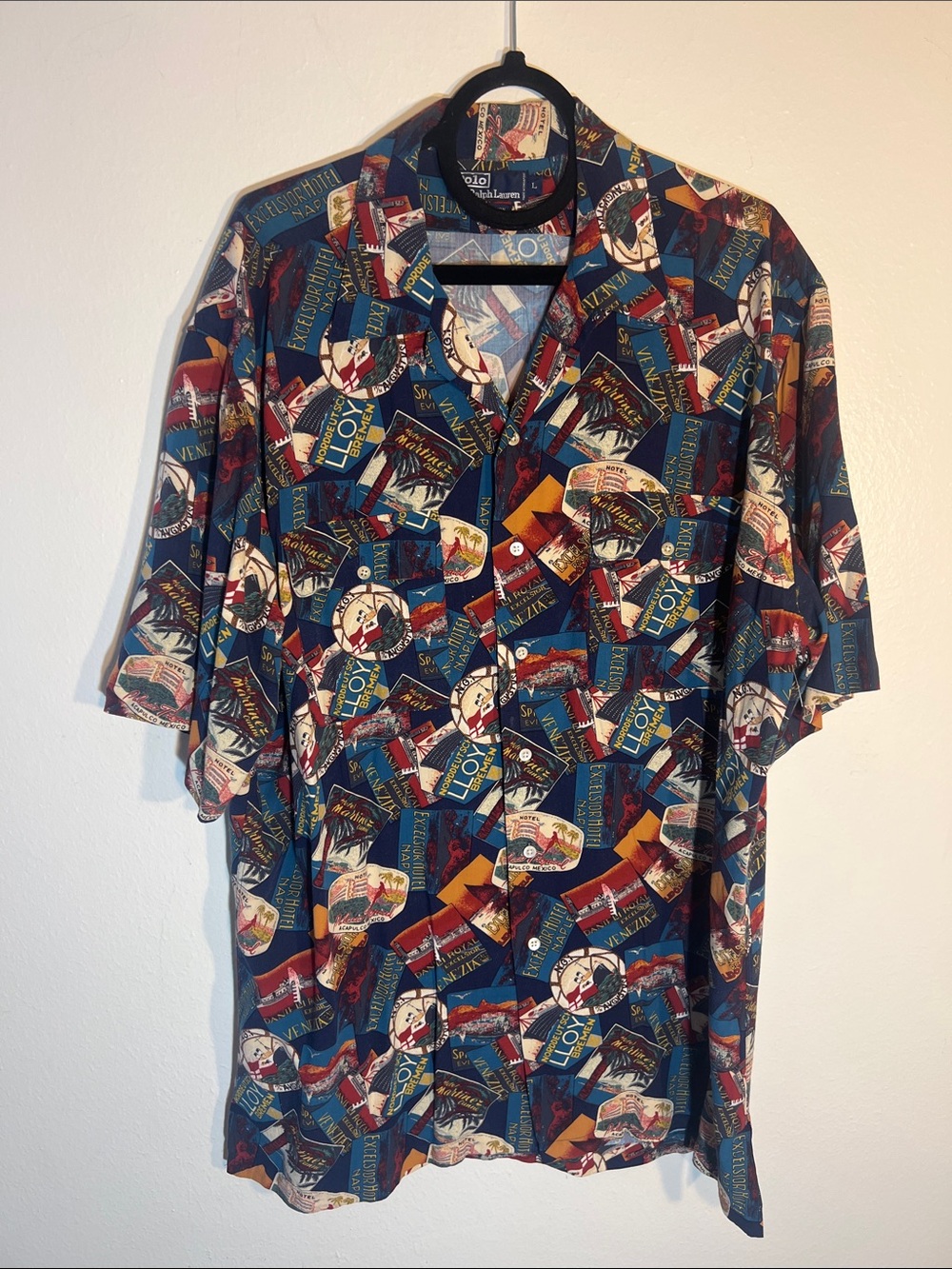 Polo by Ralph Lauren Vintage Multicolor Travel Patch Print Button-Down Shirt L